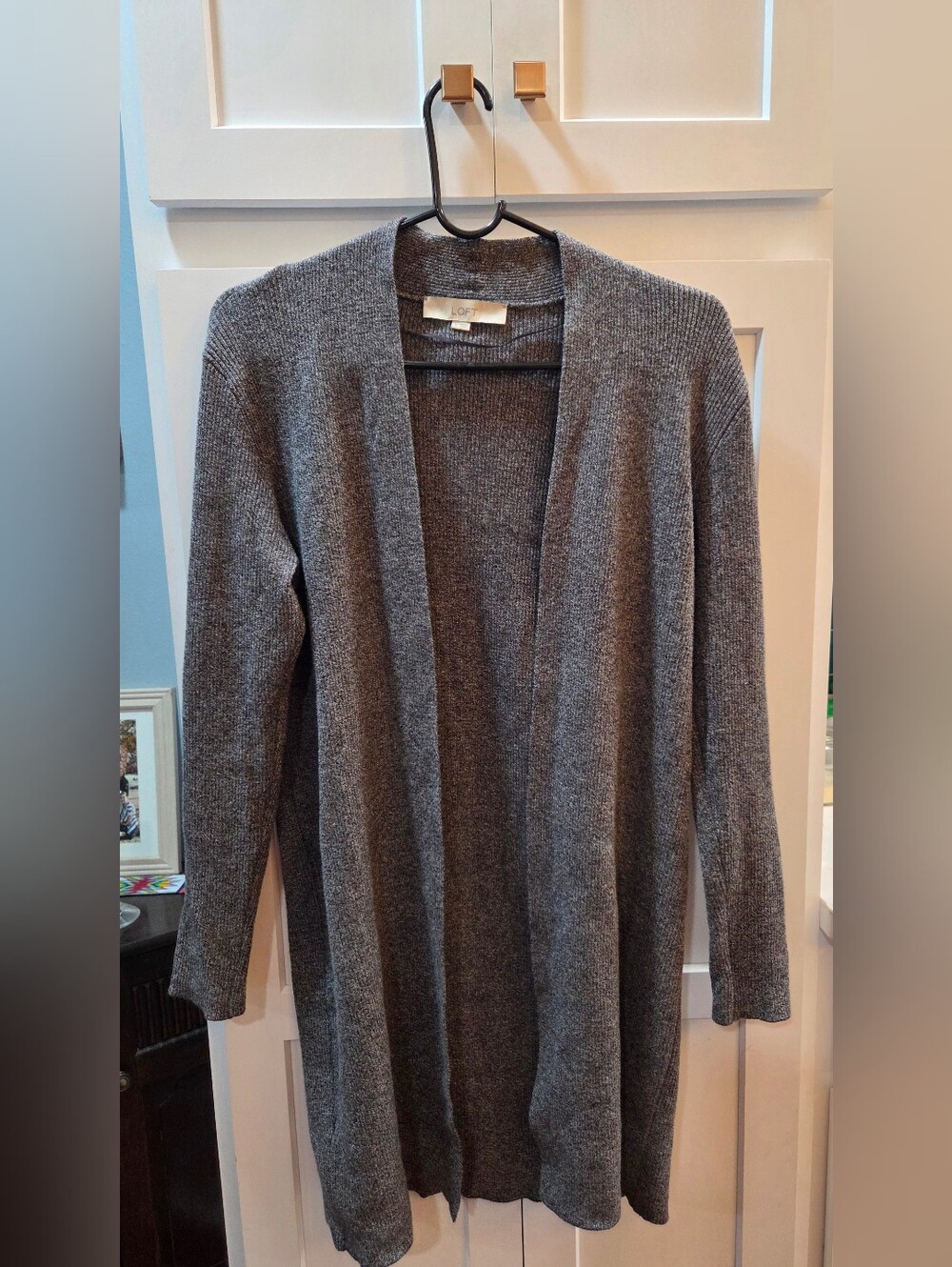 LOFT Charcoal Open-Front Ribbed Knit Cardigan